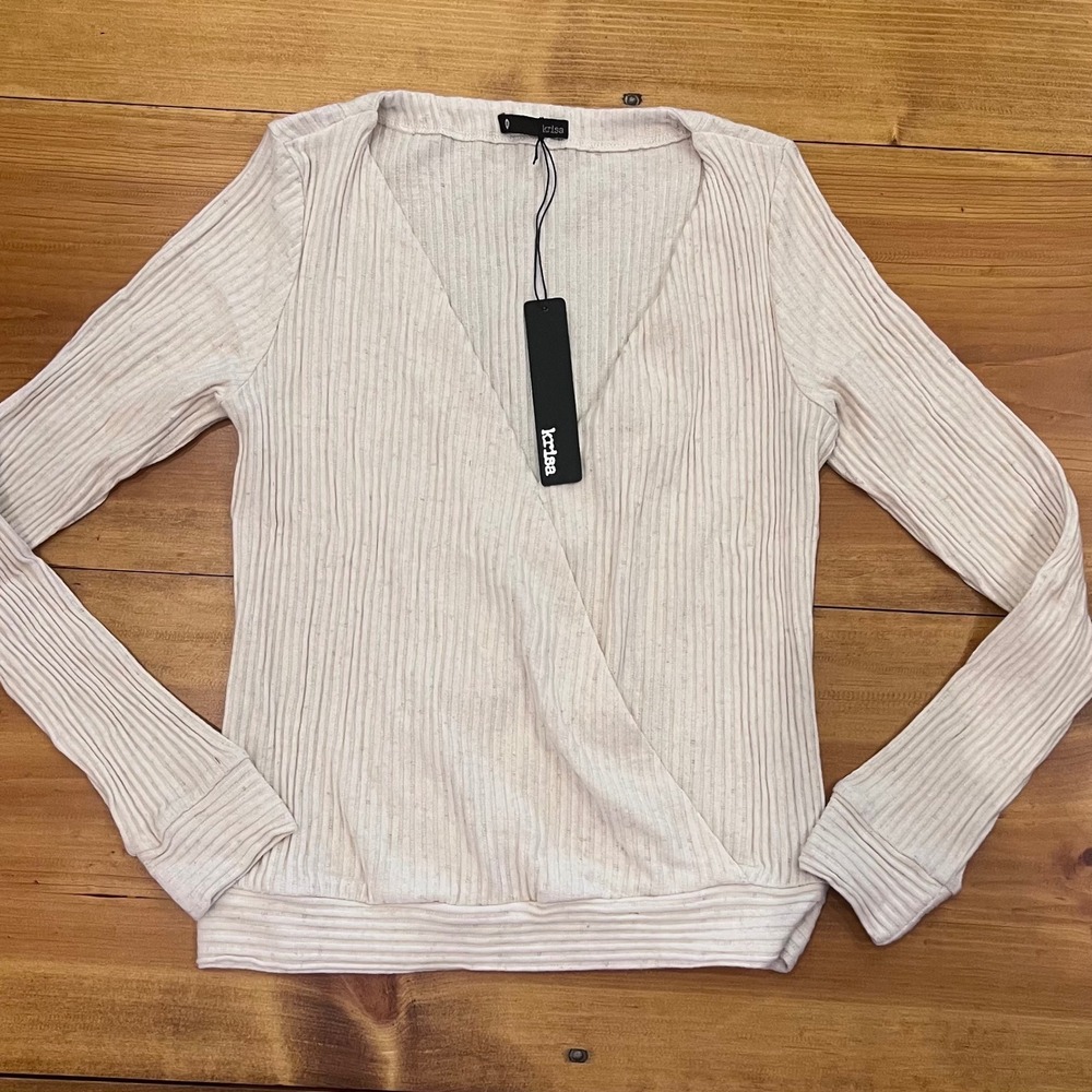 NWT Revolve Krisa Wrap Long Sleeve Ribbed‎ Knit Surplice V-Neck Top Cream XS A11